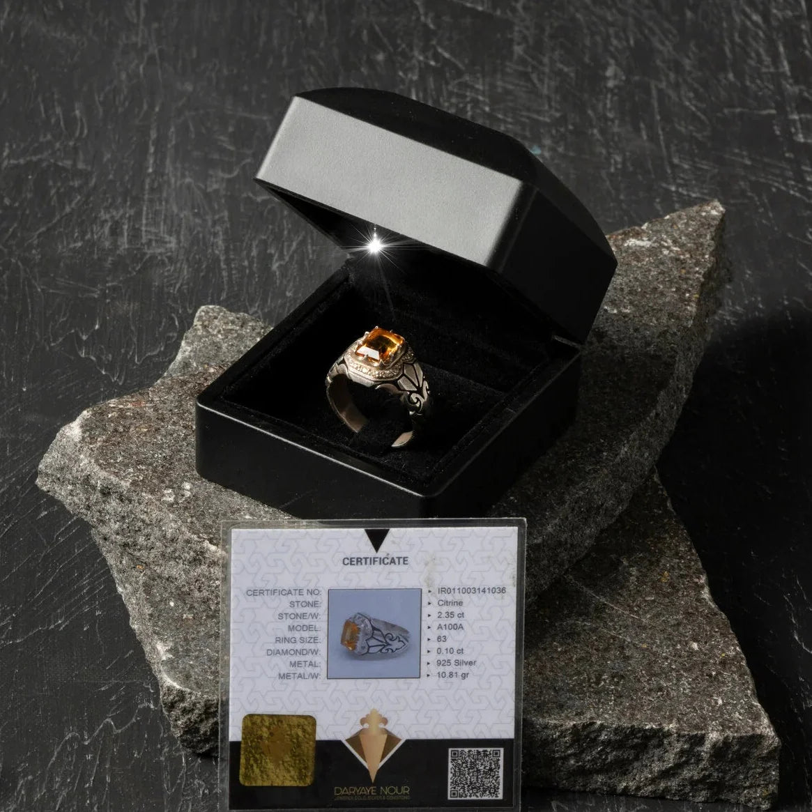 Laboratory Certified Special Series Citrine Natural Stone Diamond Ring (Men) – 925 Sterling Silver