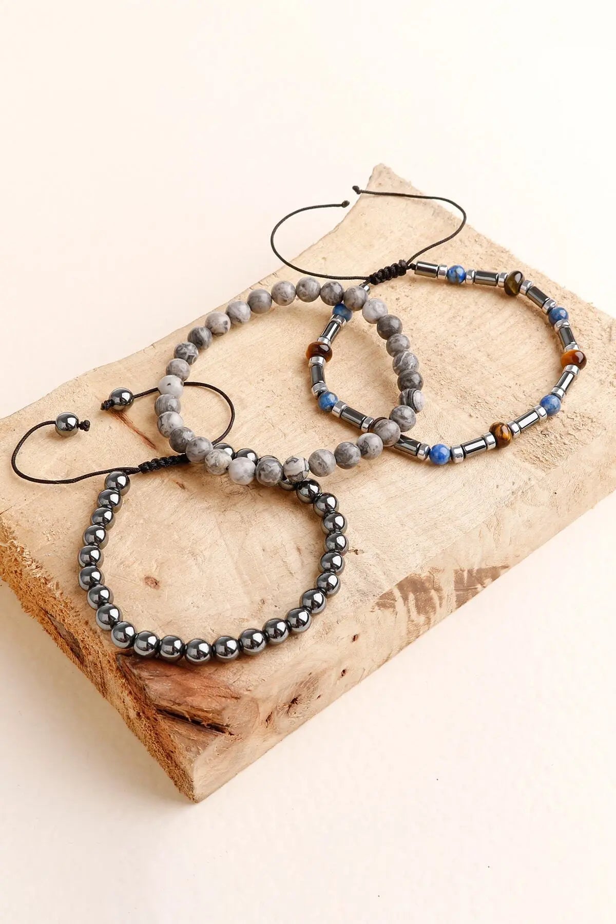 Laboratory Certified Hematite, Grey Jasper & Tiger’s Eye Men’s Natural Stone Bracelet Set