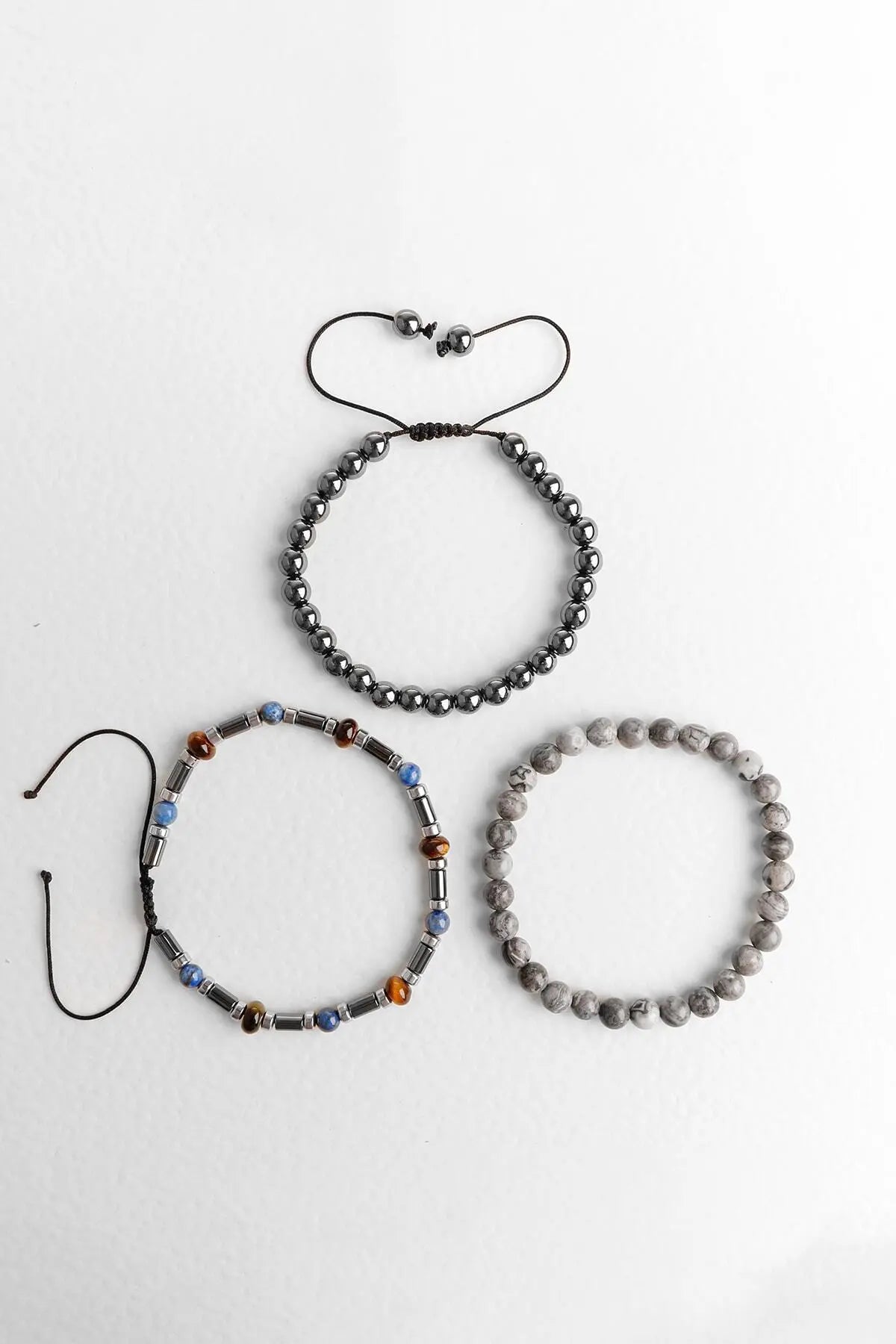 Laboratory Certified Hematite, Grey Jasper & Tiger’s Eye Men’s Natural Stone Bracelet Set