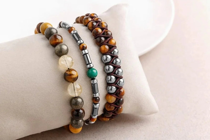 Laboratory Certified Hematite, Tiger’s Eye, Malachite & Pyrite Men’s Natural Stone Bracelet Set