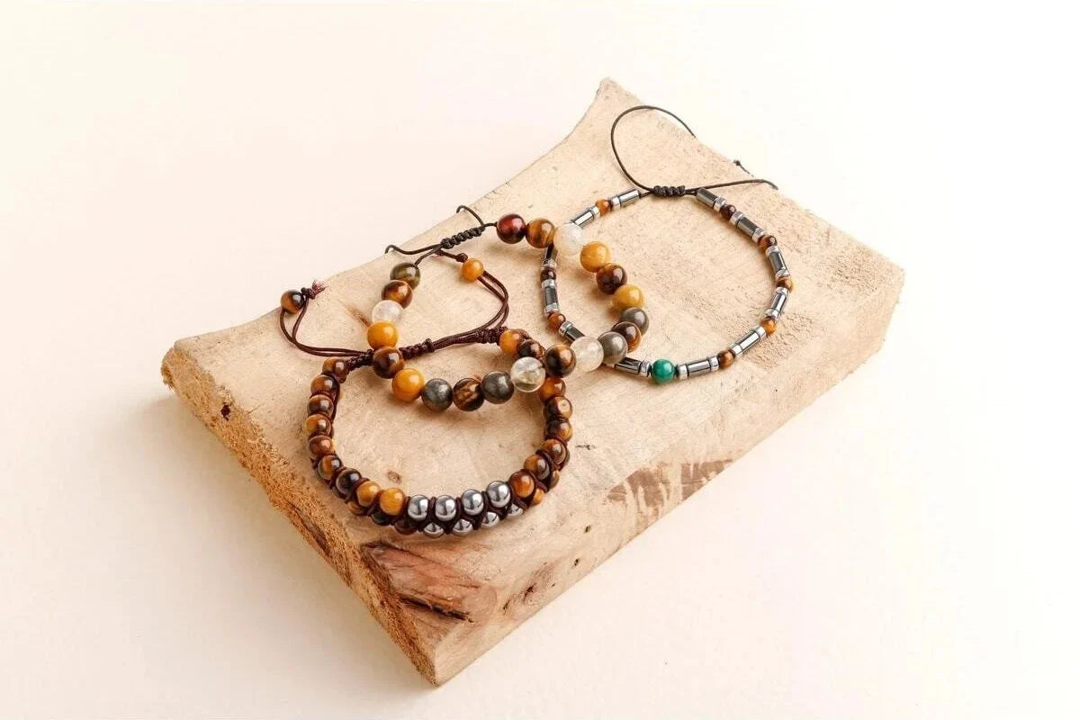 Laboratory Certified Hematite, Tiger’s Eye, Malachite & Pyrite Men’s Natural Stone Bracelet Set