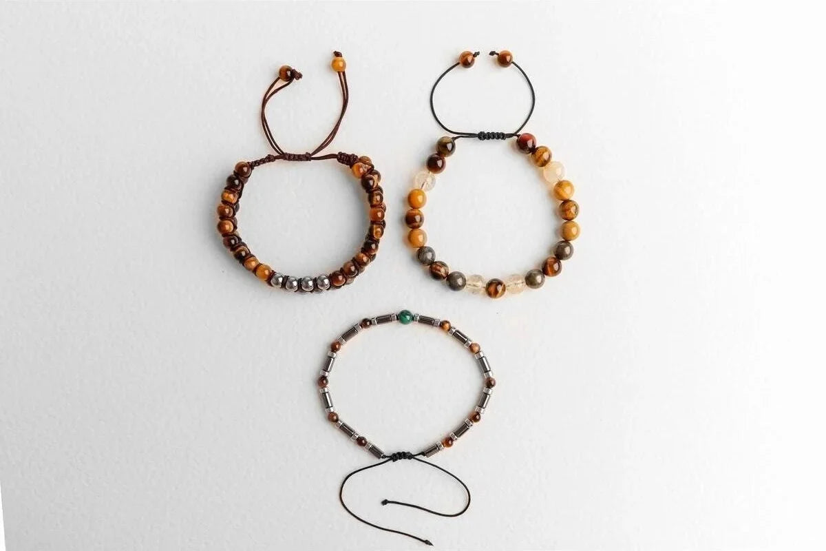 Laboratory Certified Hematite, Tiger’s Eye, Malachite & Pyrite Men’s Natural Stone Bracelet Set