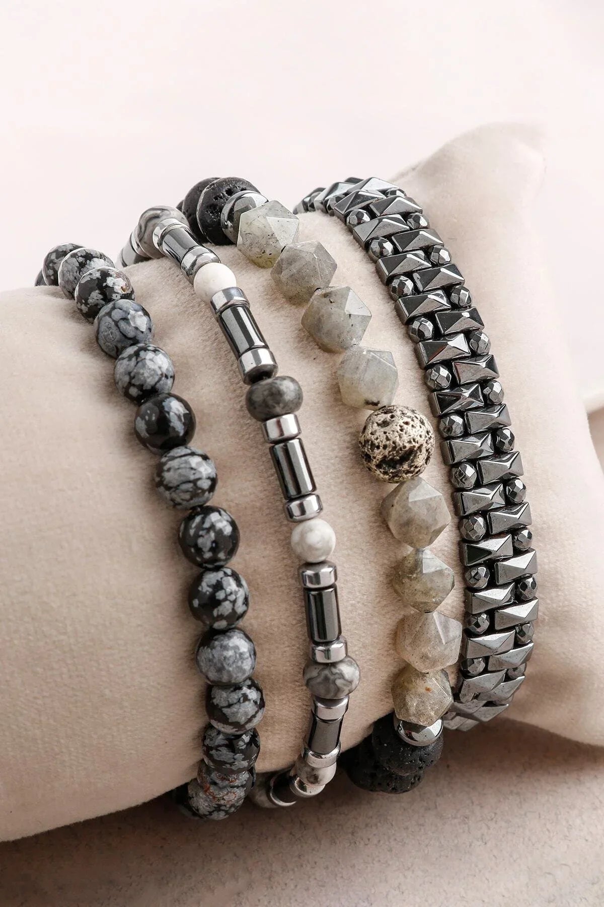 Laboratory Certified Hematite, Lava Stone, Obsidian & Labradorite Men’s Natural Stone Bracelet Set