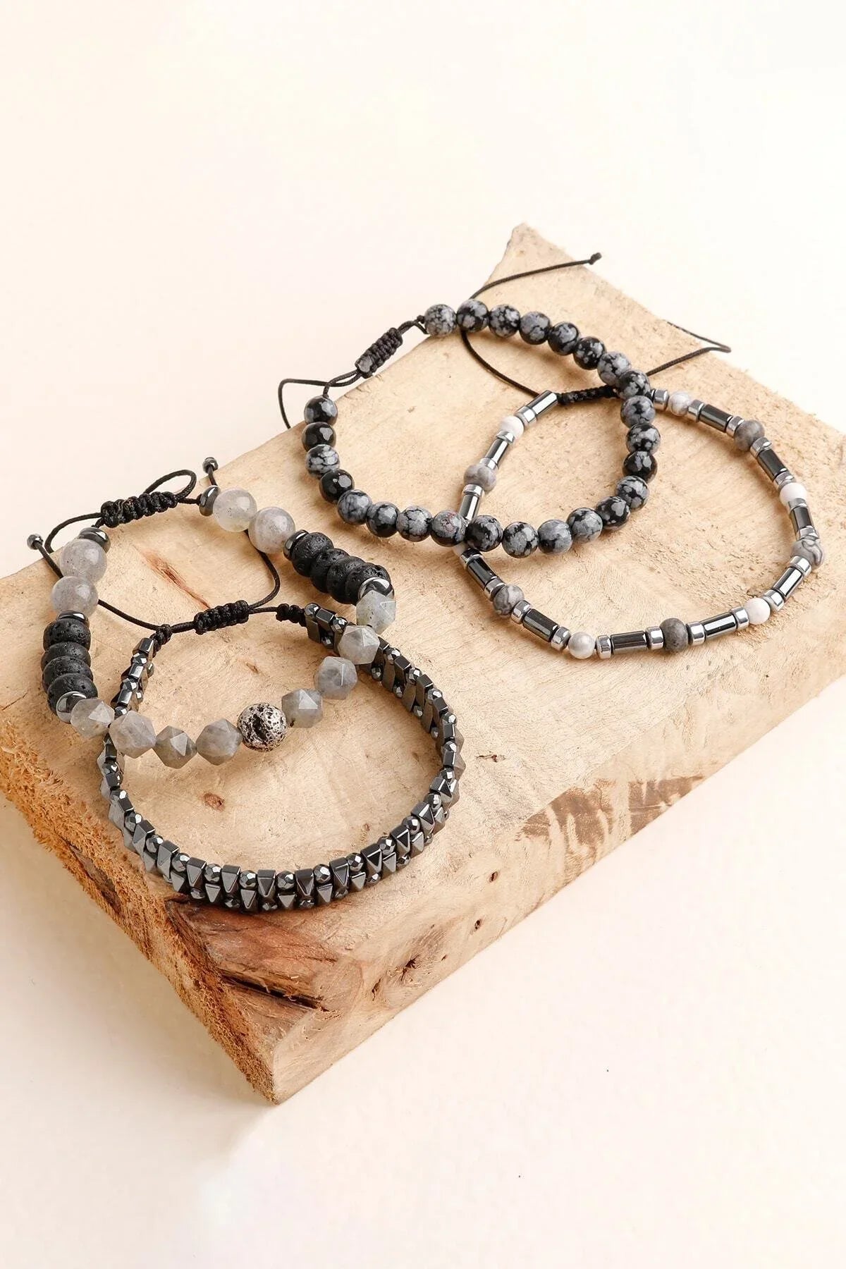 Laboratory Certified Hematite, Lava Stone, Obsidian & Labradorite Men’s Natural Stone Bracelet Set