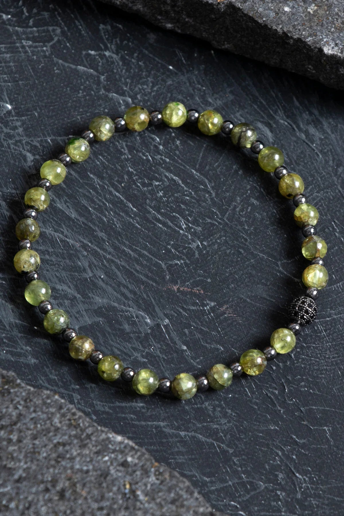 Laboratory Certified Peridot (Zebercet) & Hematite Natural Stone Bracelet with Zircon Accents