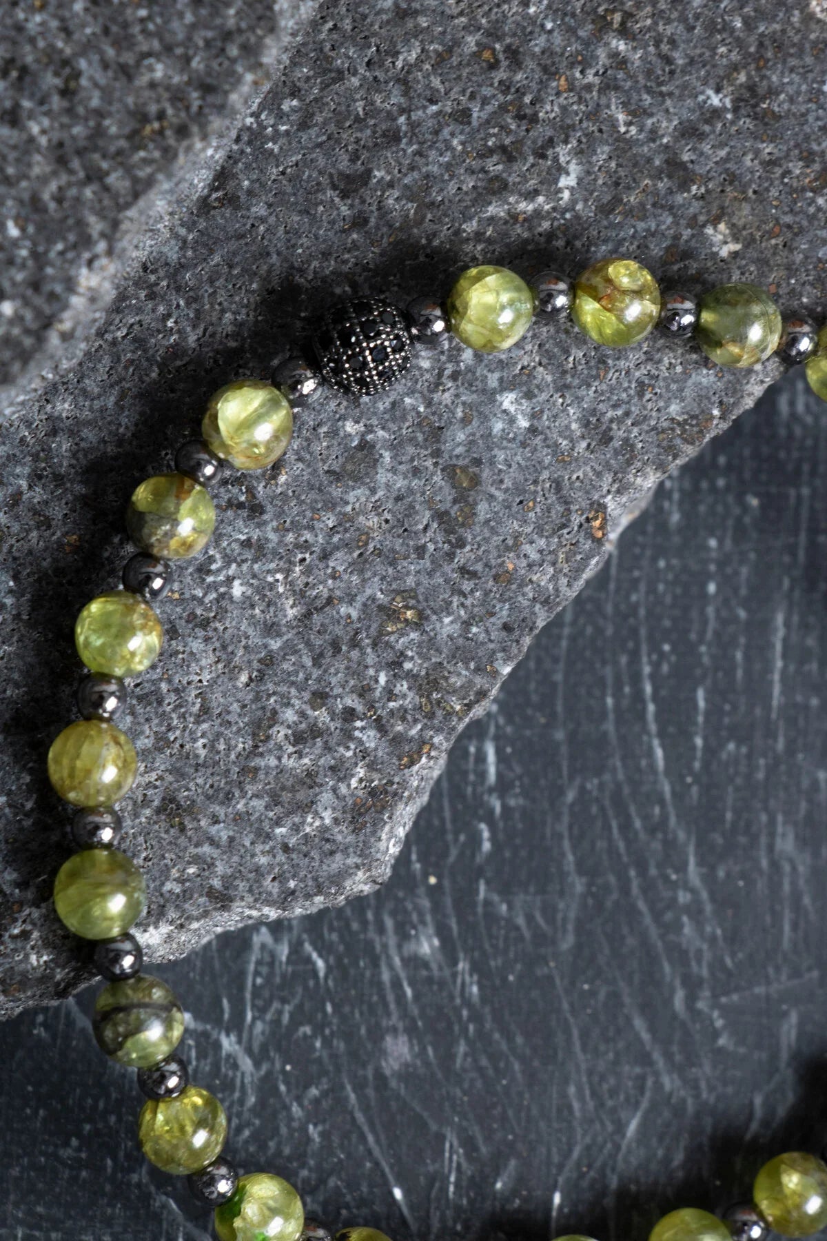 Laboratory Certified Peridot (Zebercet) & Hematite Natural Stone Bracelet with Zircon Accents