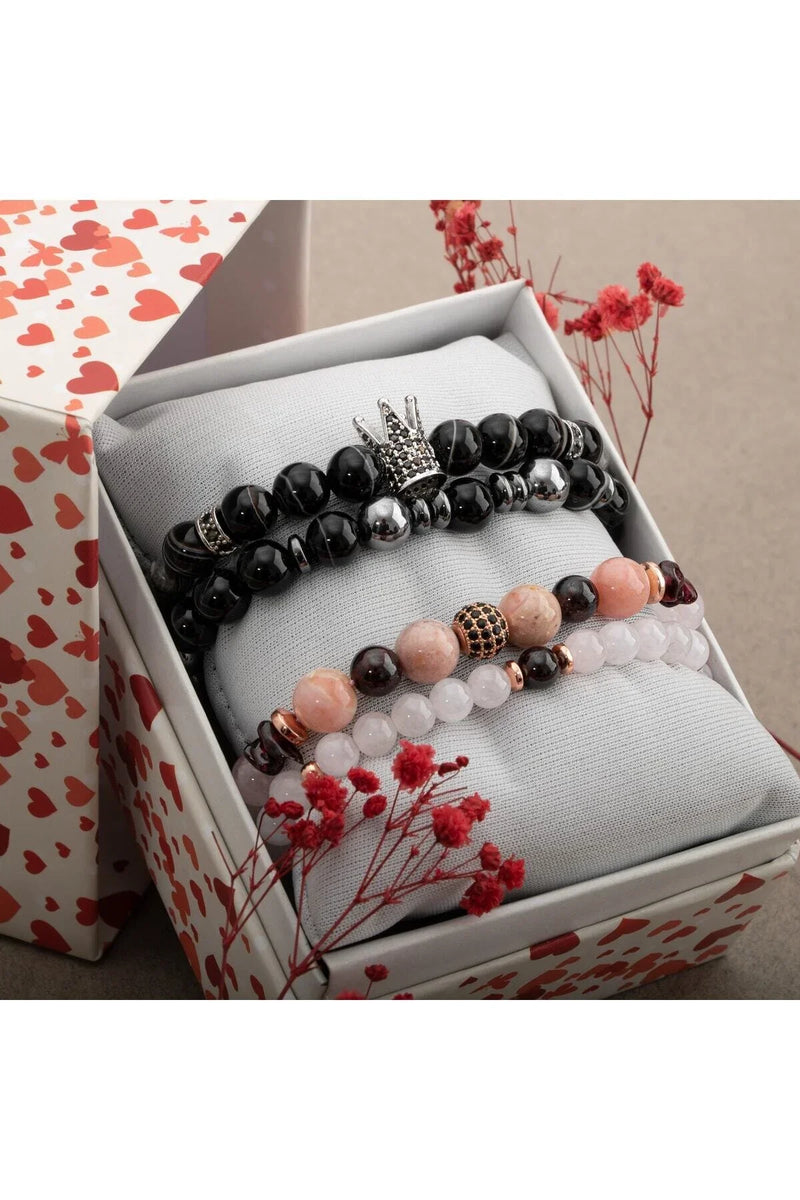 Laboratory Certified Black Eye Agate & Rose Quartz Natural Stone Double Bracelet Set