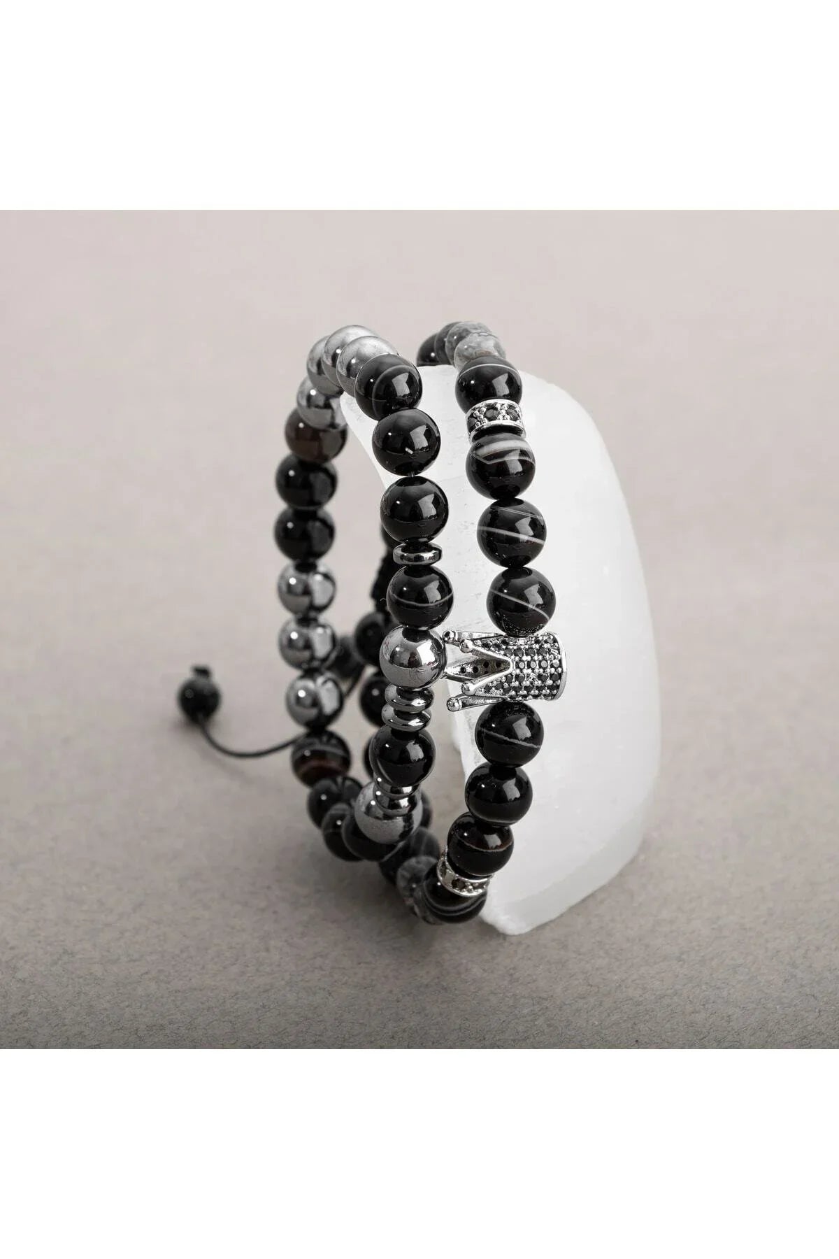 Laboratory Certified Black Eye Agate & Rose Quartz Natural Stone Double Bracelet Set