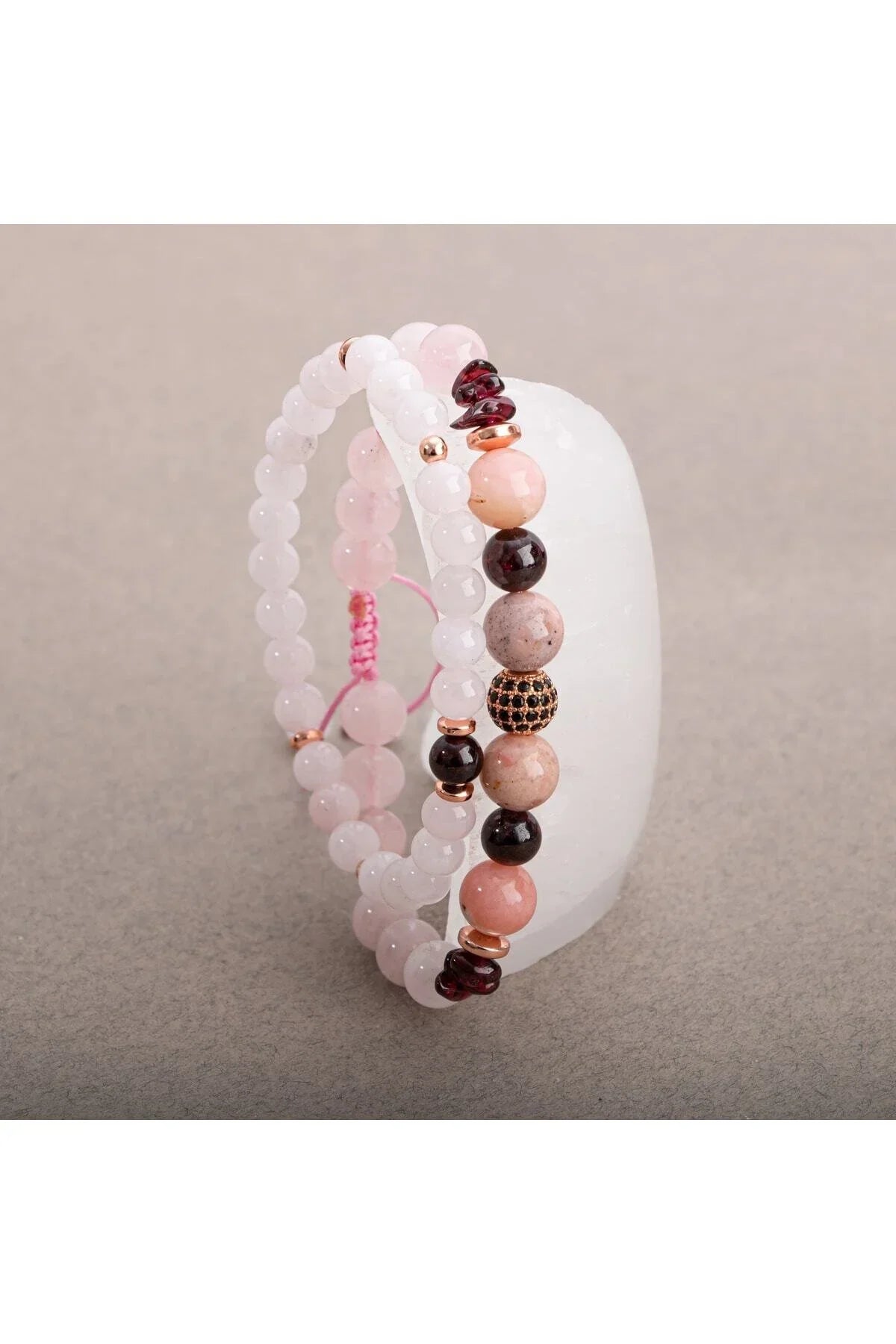 Laboratory Certified Black Eye Agate & Rose Quartz Natural Stone Double Bracelet Set