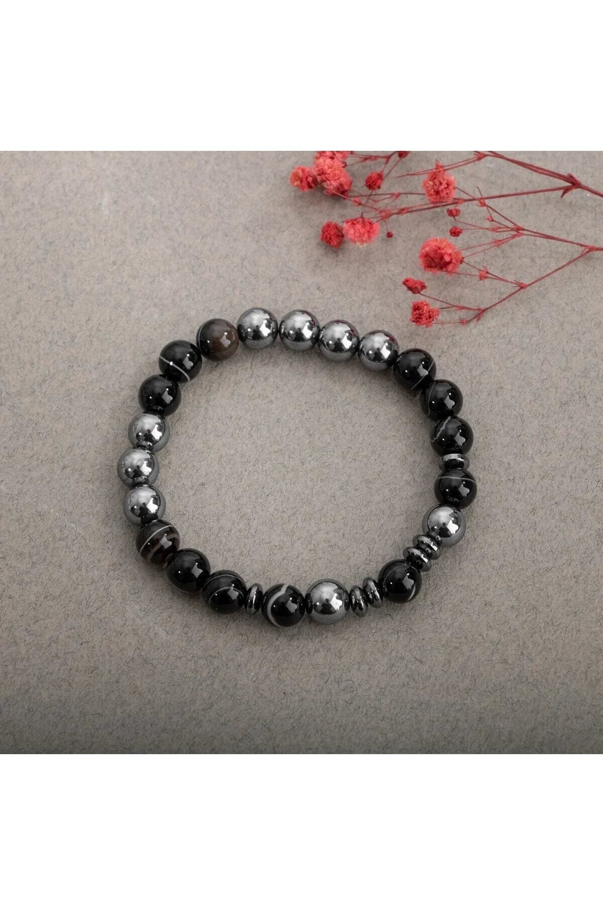 Laboratory Certified Black Eye Agate & Rose Quartz Natural Stone Double Bracelet Set
