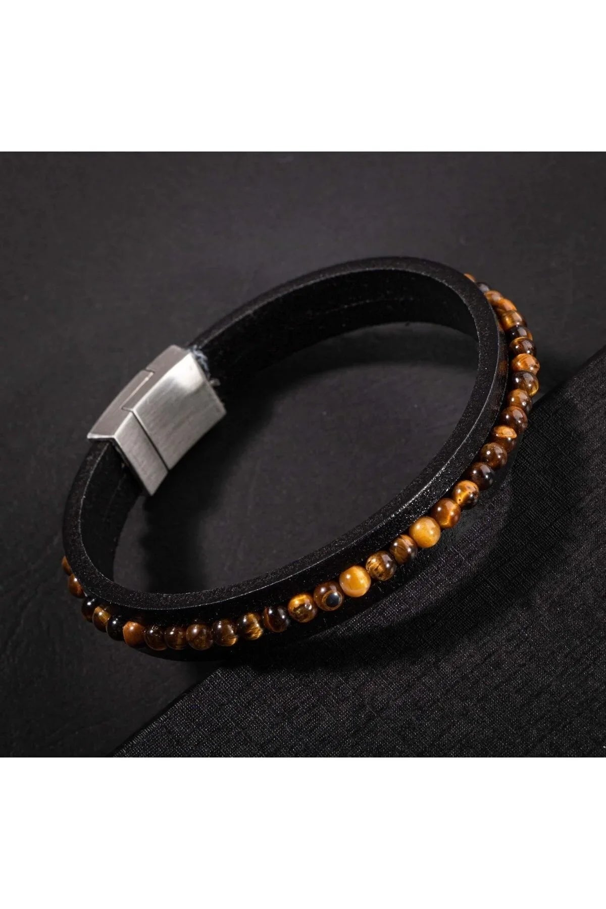 Laboratory Certified Tiger’s Eye Natural Stone Leather Men’s Design Bracelet