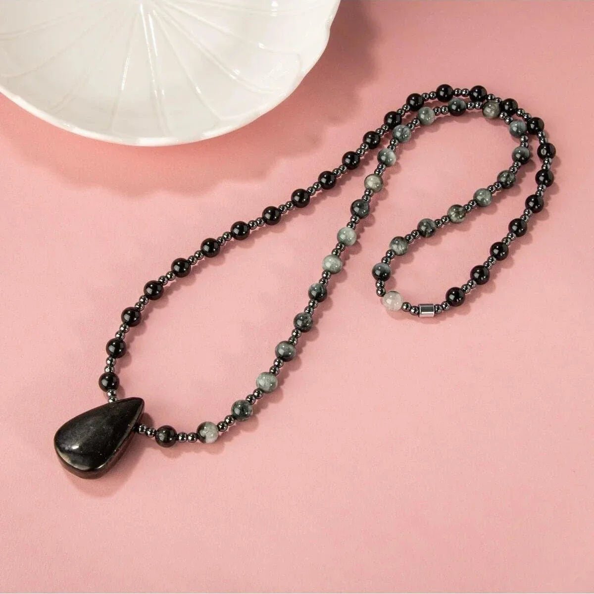 Laboratory Certified Shungite, Cat’s Eye & Hematite Natural Stone Necklace