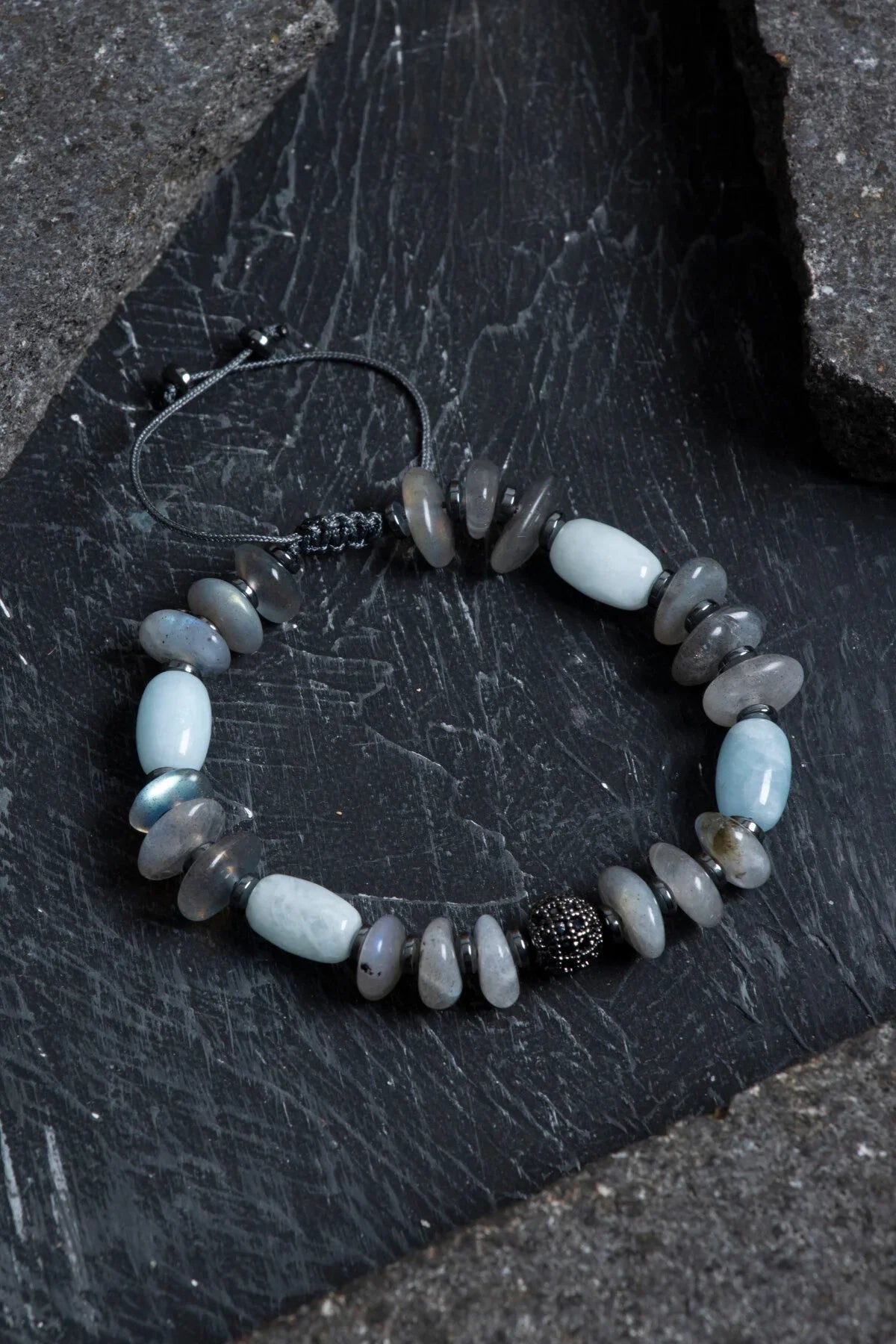 Laboratory Certified Aquamarine & Labradorite Natural Stone Macramé Bracelet