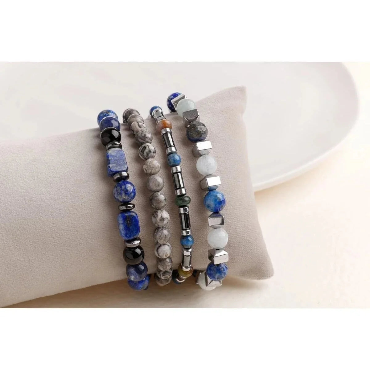 Laboratory Certified Hematite, Lapis Lazuli & Jasper Men’s Natural Stone Bracelet Set