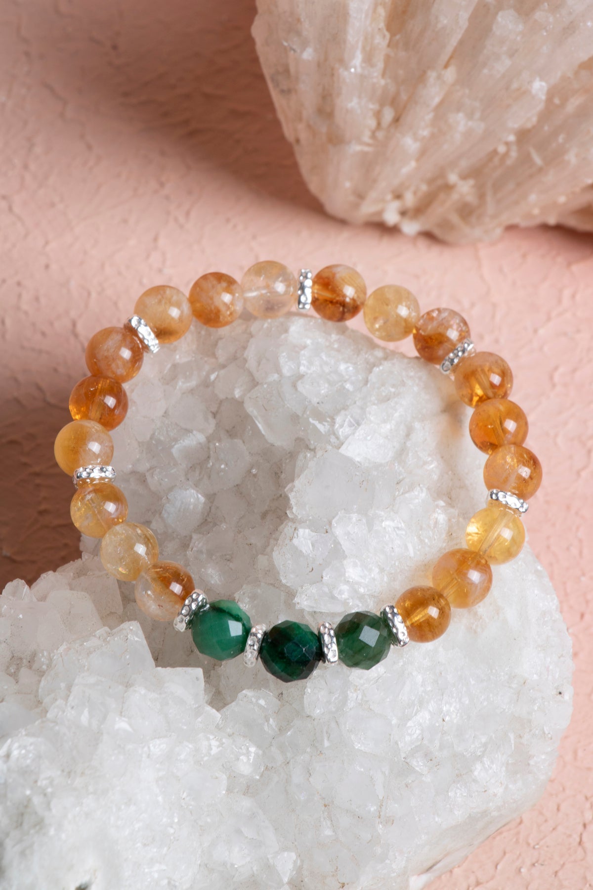 Laboratory Certified Citrine & Emerald Natural Stone Bracelet with Silver Accents
