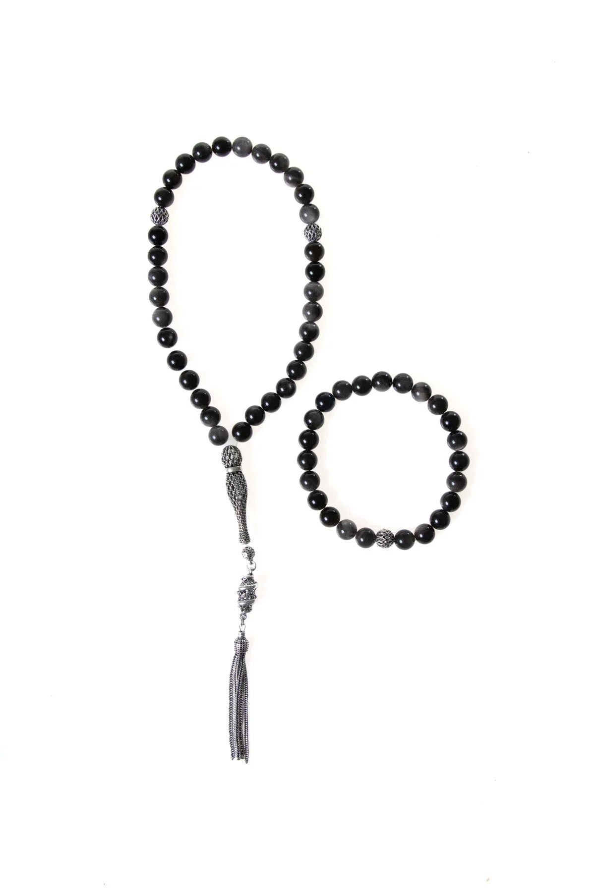 Laboratory Certified Obsidian Natural Stone 925 Sterling Silver Imam Bead Prayer Beads & Bracelet Set – 8 mm