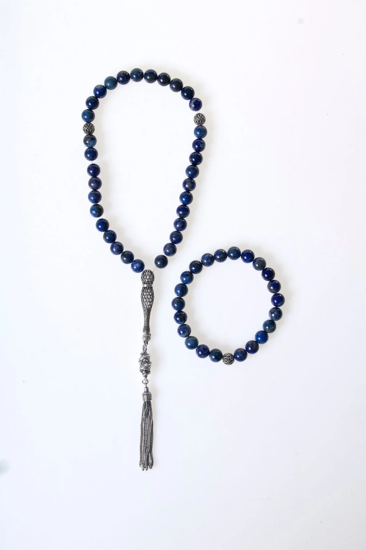 Laboratory Certified Lapis Lazuli Natural Stone 925 Sterling Silver Imam Bead Prayer Beads & Bracelet Set – 8 mm