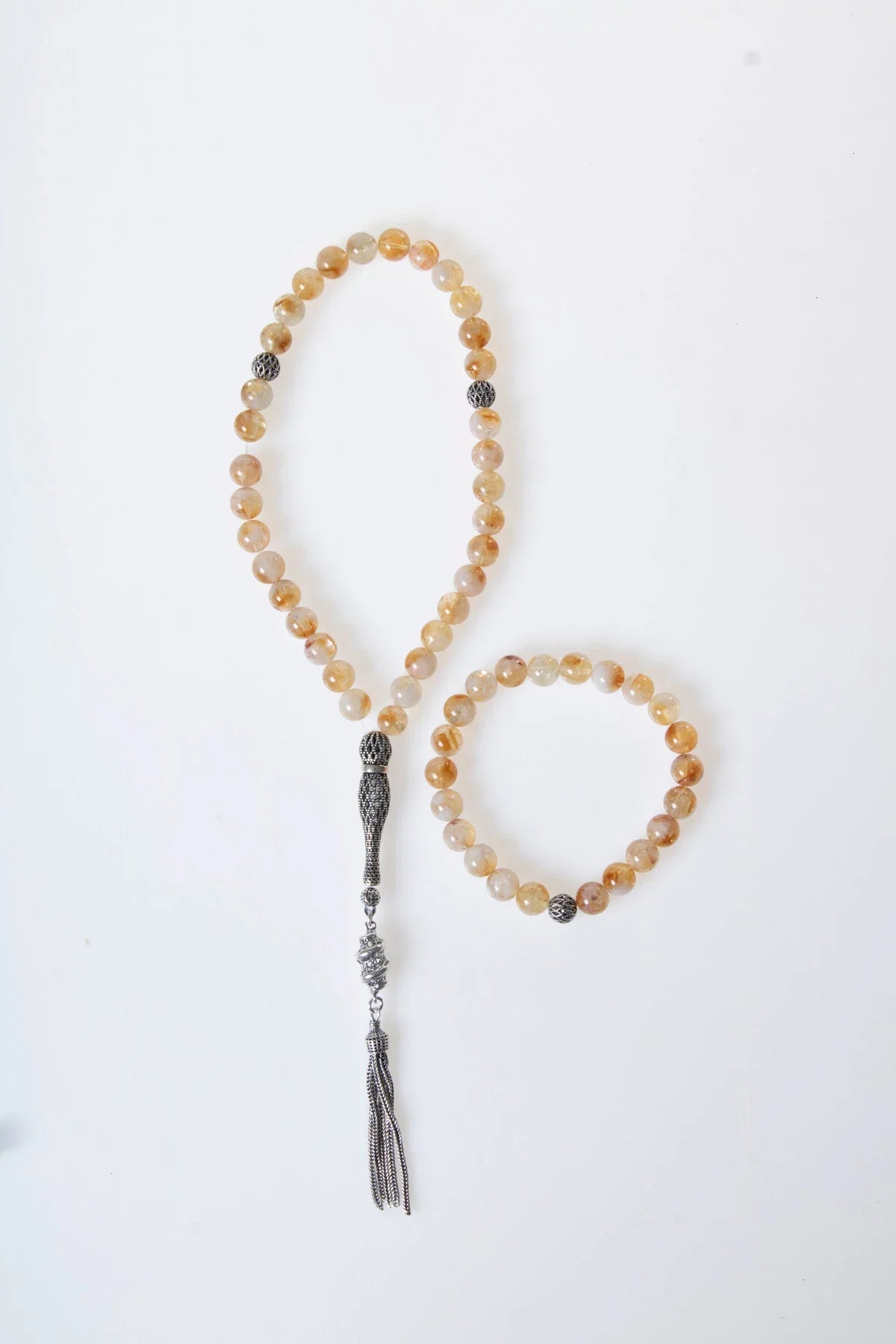 Laboratory Certified Citrine Natural Stone 925 Sterling Silver Bead Prayer Beads & Bracelet Set – 8 mm