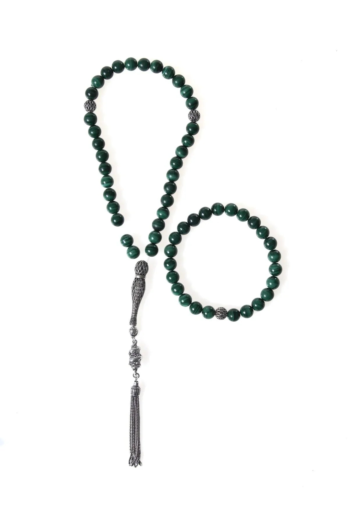 Laboratory Certified Malachite Natural Stone 925 Sterling Silver Imam Bead Prayer Beads & Bracelet Set – 8 mm
