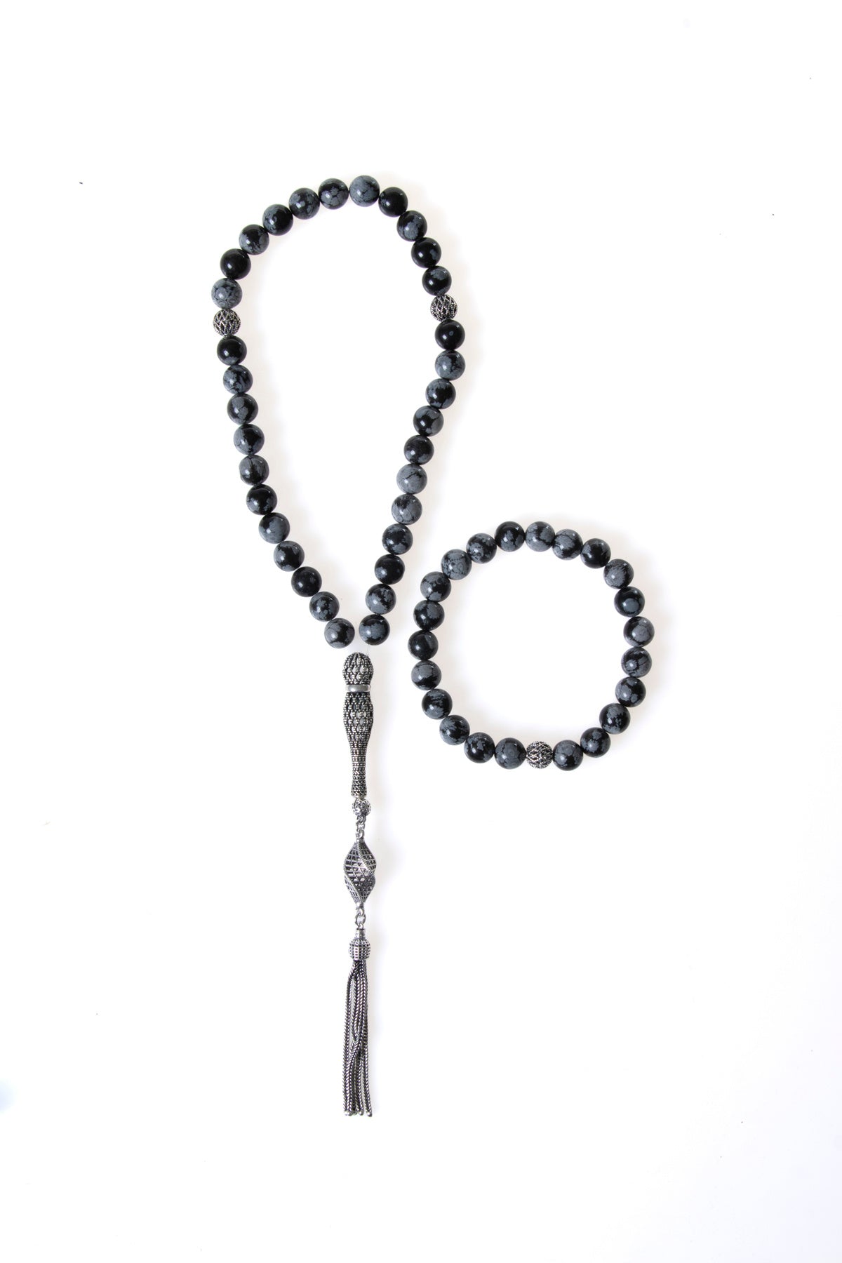 Laboratory Certified Snowflake Obsidian Natural Stone 925 Sterling Silver Imam Bead Prayer Beads & Bracelet Set – 8 mm