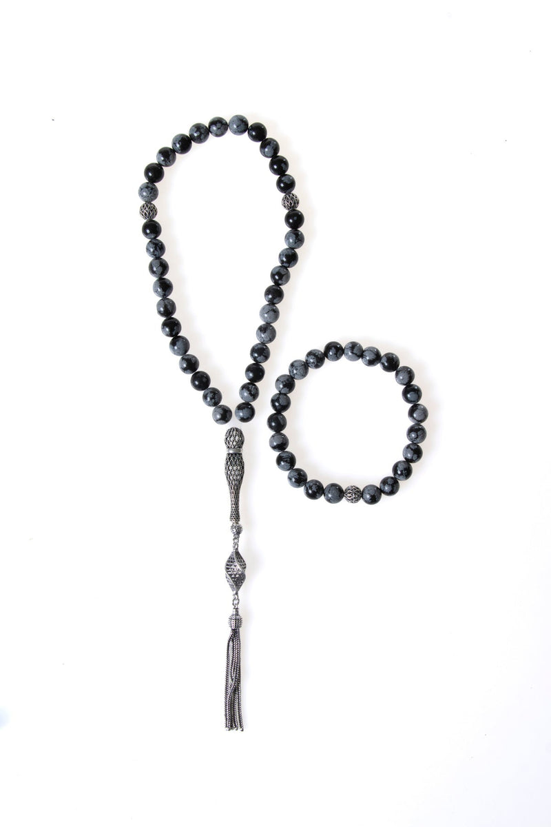 Laboratory Certified Snowflake Obsidian Natural Stone 925 Sterling Silver Imam Bead Prayer Beads & Bracelet Set – 8 mm