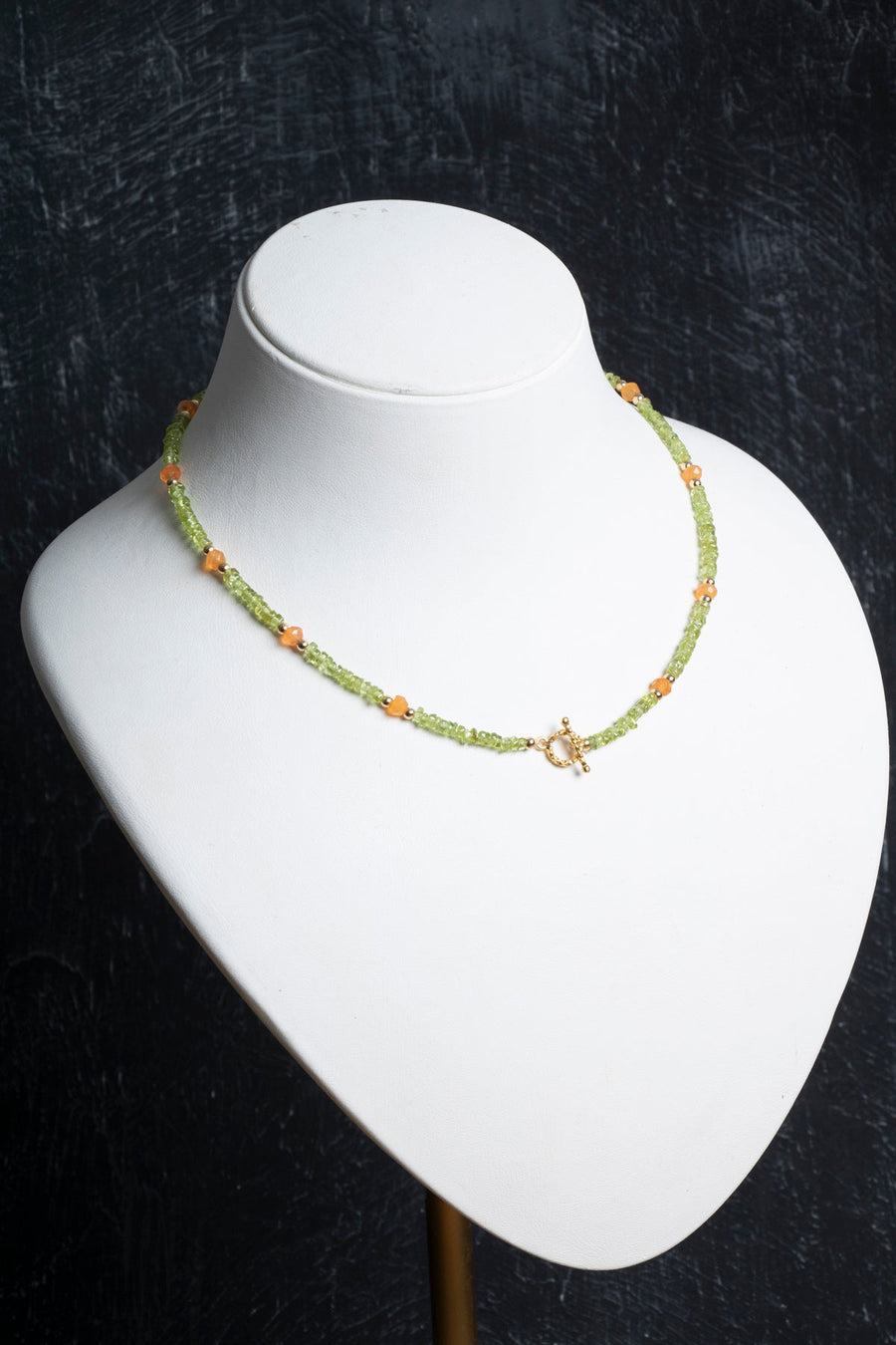 Laboratory Certified Peridot (Zebercet) & Carnelian Agate Natural Stone Necklace with Gold-Plated Sterling Silver Clasp
