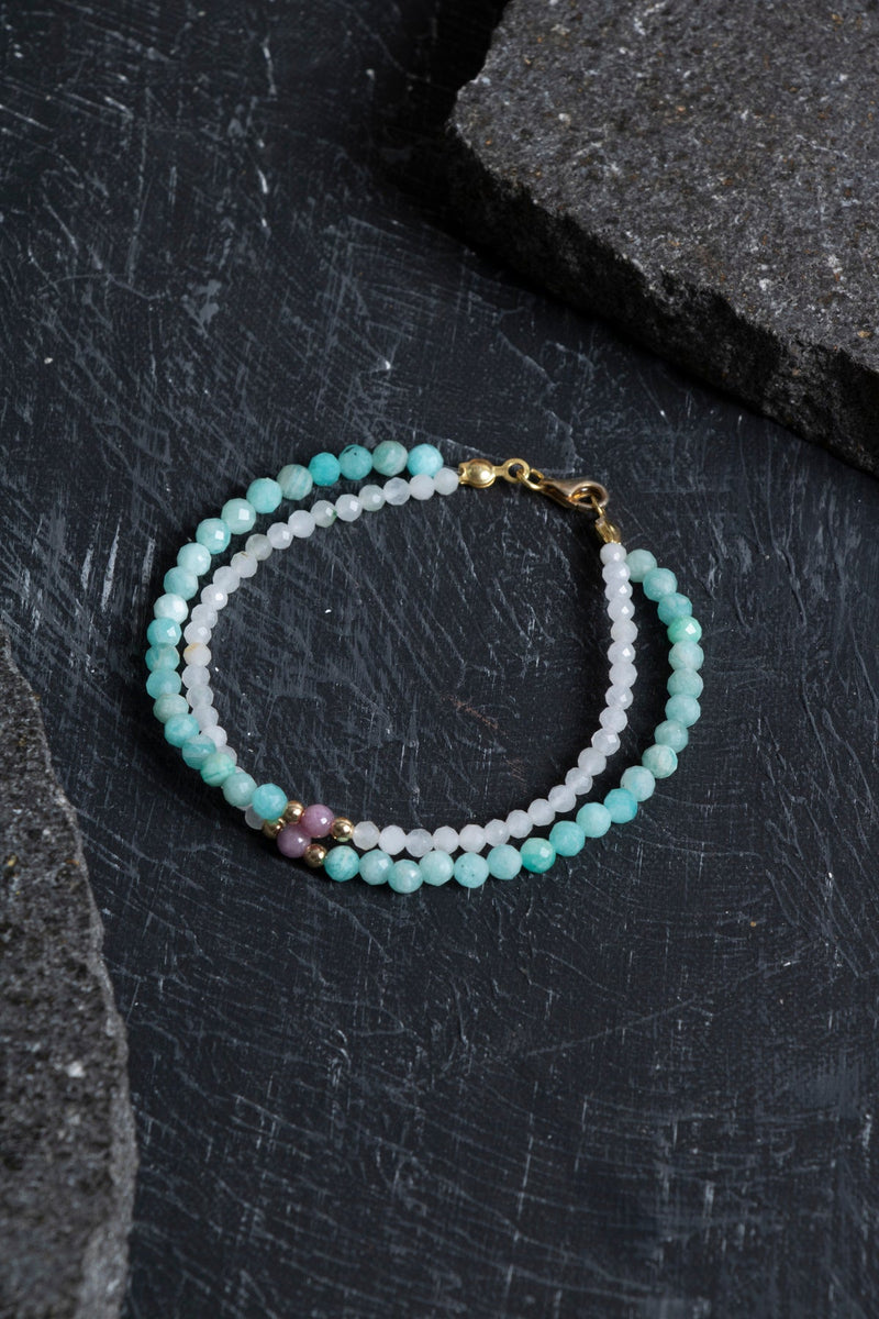 Laboratory Certified Amazonite, Moonstone & Ruby Natural Stone Bracelet