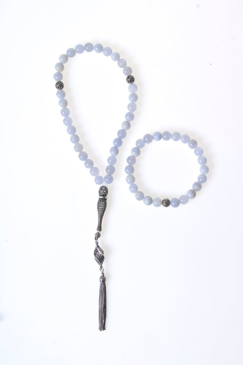 Laboratory Certified Chalcedony Natural Stone 925 Sterling Silver Imam Bead Prayer Beads & Bracelet Set – 8 mm