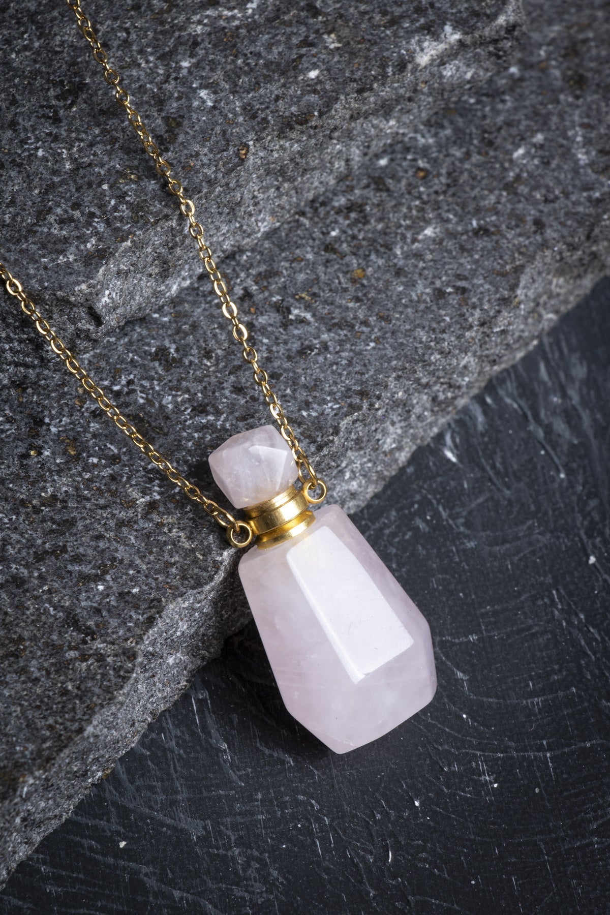 Laboratory Certified Rose Quartz Natural Stone Perfume Bottle Necklace