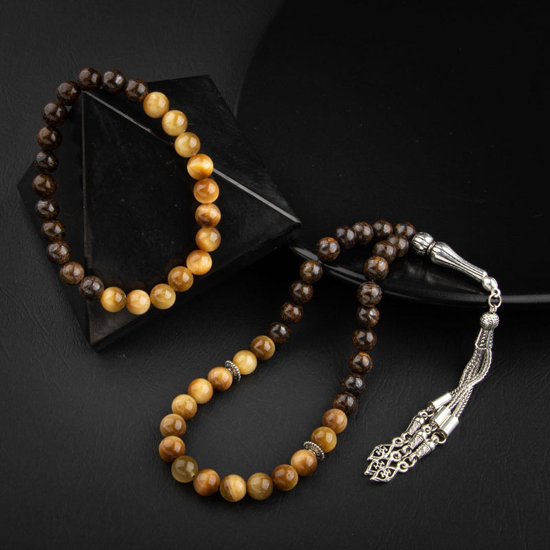 Laboratory Certified Yellow Tiger's Eye & Bronzit Natural Gemstone Prayer Beads & Bracelet Set