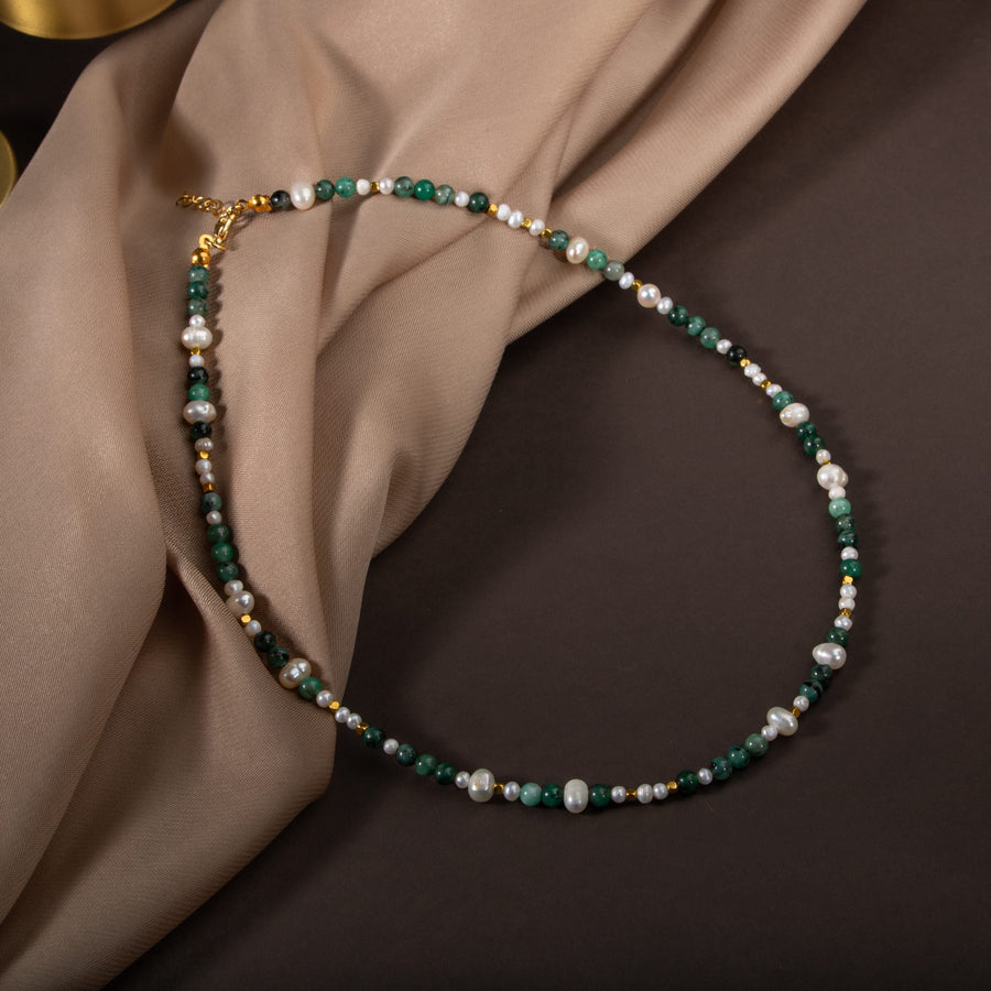 Laboratory Certified Pearl & Emerald Natural Stone Necklace – Gold-Plated Clasp, Elegant Unisex Design