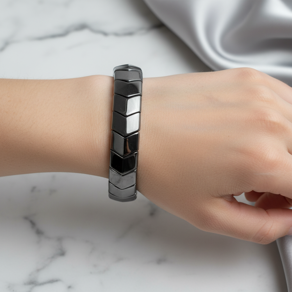 Hematite Wide Cut Herringbone Natural Gemstone Bracelet