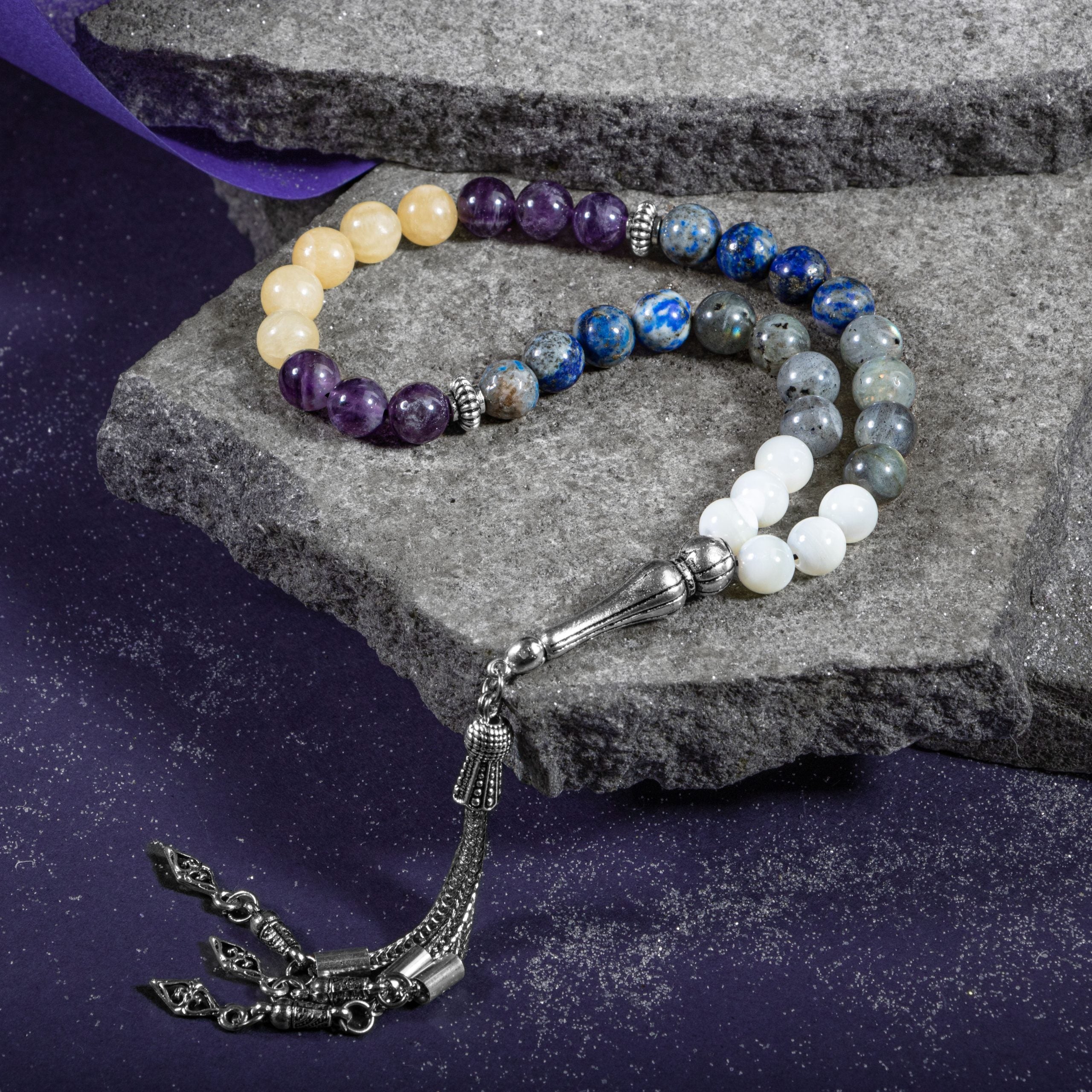 Sagittarius Zodiac Prayer Beads – Amethyst, Calcite, Labradorite, Lapis Lazuli & Mother of Pearl Natural Gemstone