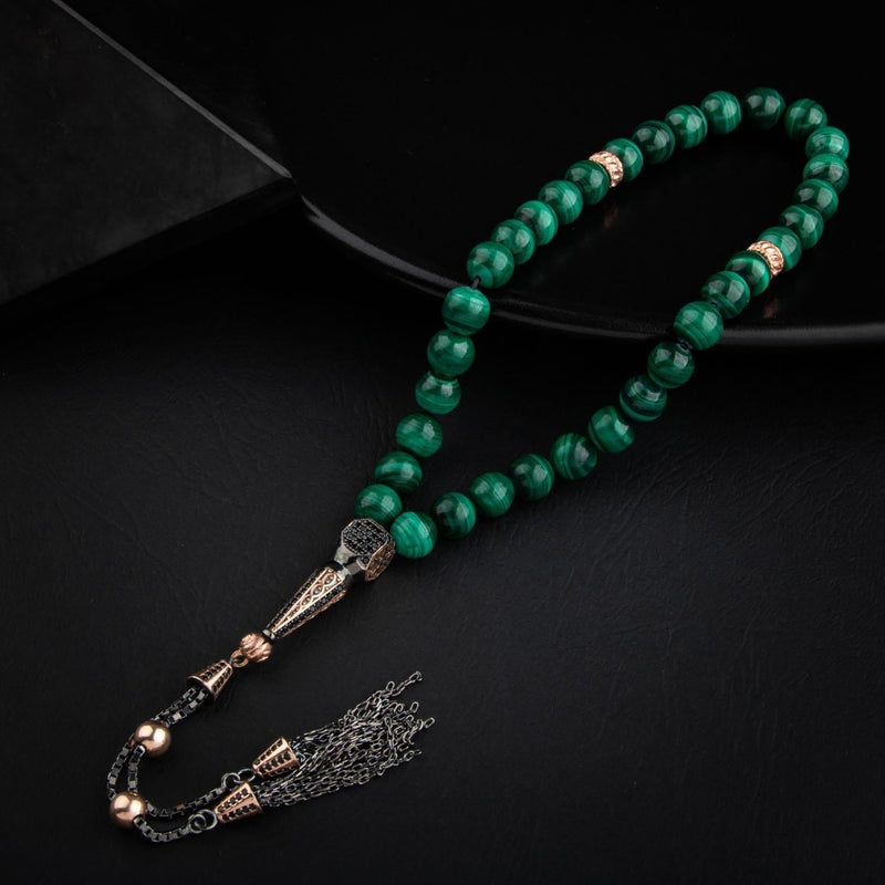 Laboratory Certified Malachite Natural Gemstone 8 mm 925 Sterling Silver Prayer Beads