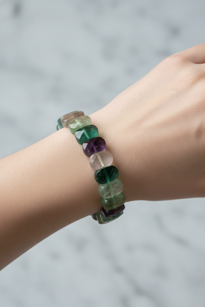 Green Fluorite Wide Cut Natural Gemstone Bracelet