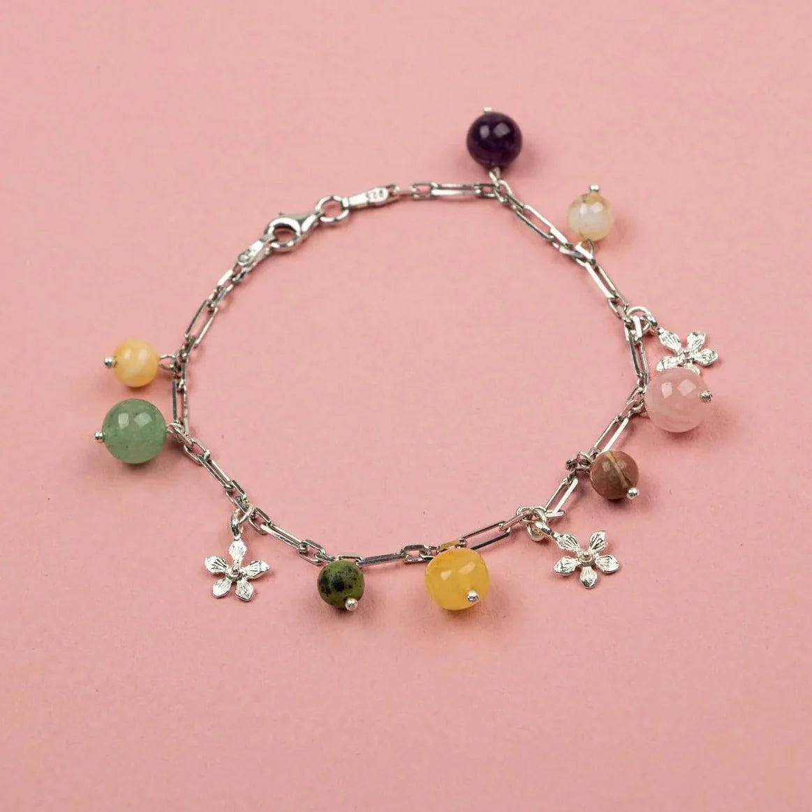 Laboratory Certified Amethyst, Citrine, Rose Quartz, Aventurine, Calcite, Jade & Amber Natural Stone Silver Bracelet