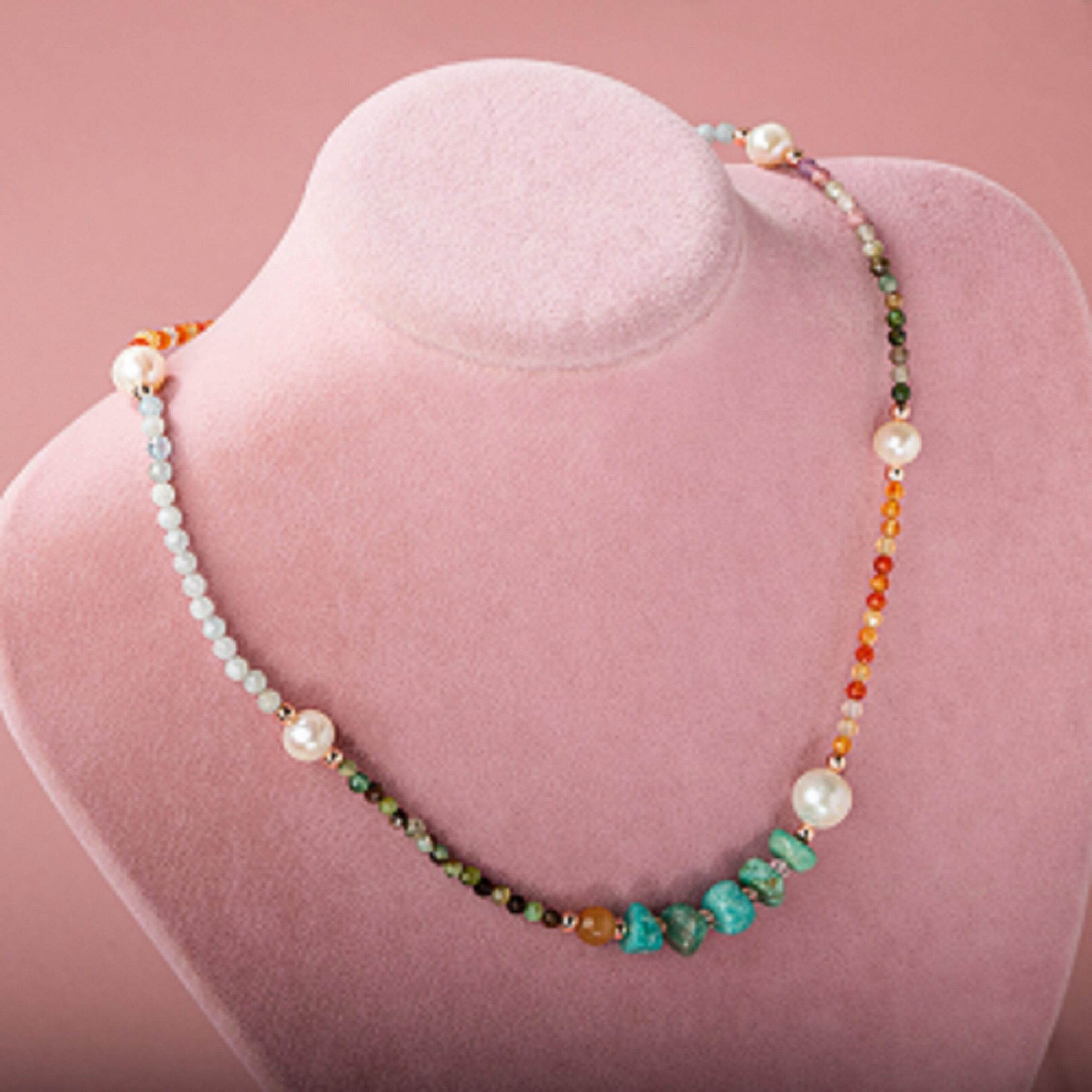 İnci-Amazonit-Turuncu Aventurin-Karnelyan Akik-Akuamarin-Renkli Turmalin-Krizopras Doğal Taş Kolye