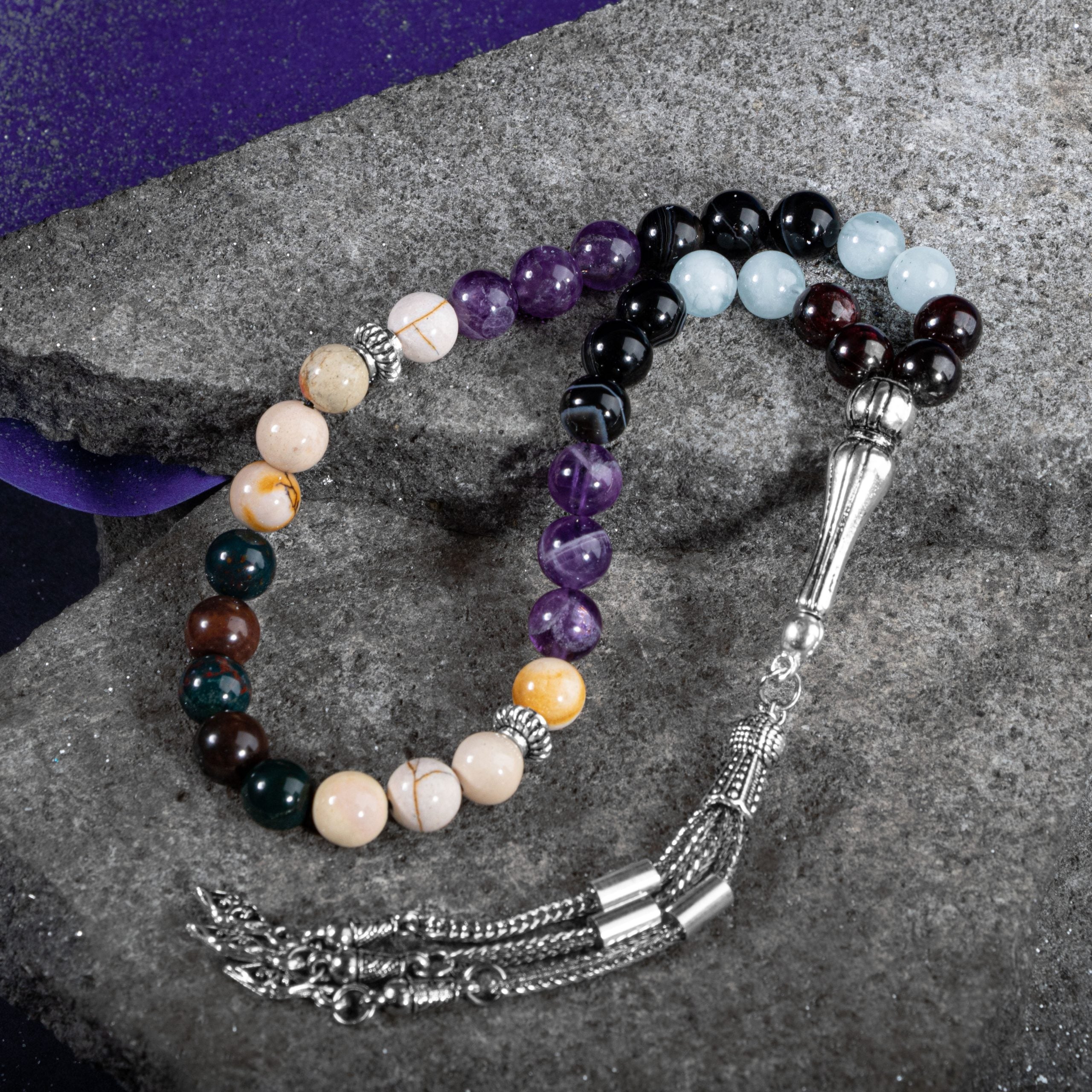 Aries Zodiac Prayer Beads – Aquamarine, Amethyst, Burgundy Garnet, Bloodstone, Yellow Jasper & Black Eye Agate Natural Gemstone