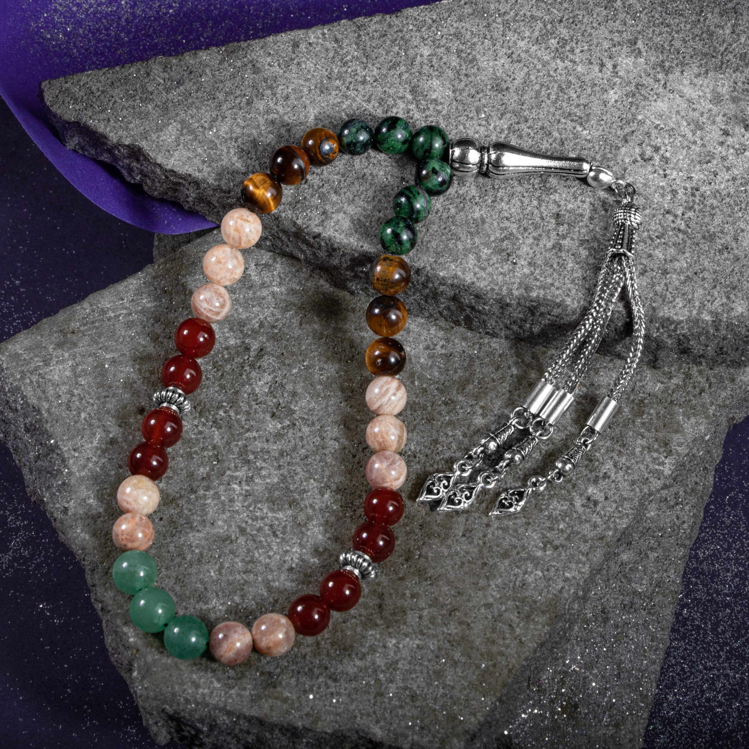 Gemini Zodiac Prayer Beads – Anyolite, Sunstone, Tiger's Eye, Red Agate & Green Aventurine Natural Gemstone