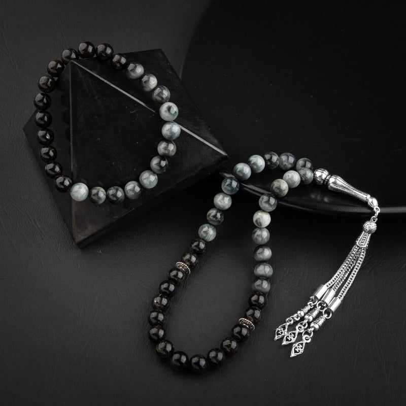 Laboratory Certified Cat's Eye & Black Tourmaline Natural Gemstone Prayer Beads & Bracelet Set