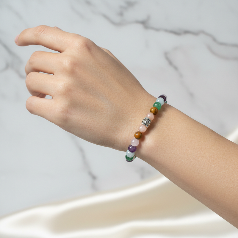 Laboratory Certified Taurus Zodiac Natural Stone Bracelet – Sunstone, Chrysocolla, Obsidian, Rhodonite, Mother of Pearl, Green Aventurine & Jade (Serpentine)