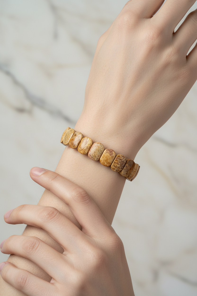 Fossil Coral Wide Cut Natural Gemstone Bracelet