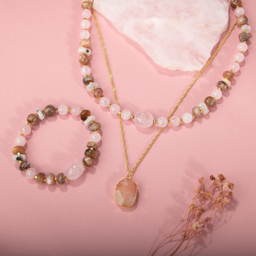 Laboratory Certified Sunstone, Rose Quartz & Moonstone Natural Stone 925 Sterling Silver Necklace & Bracelet Set – Special Design