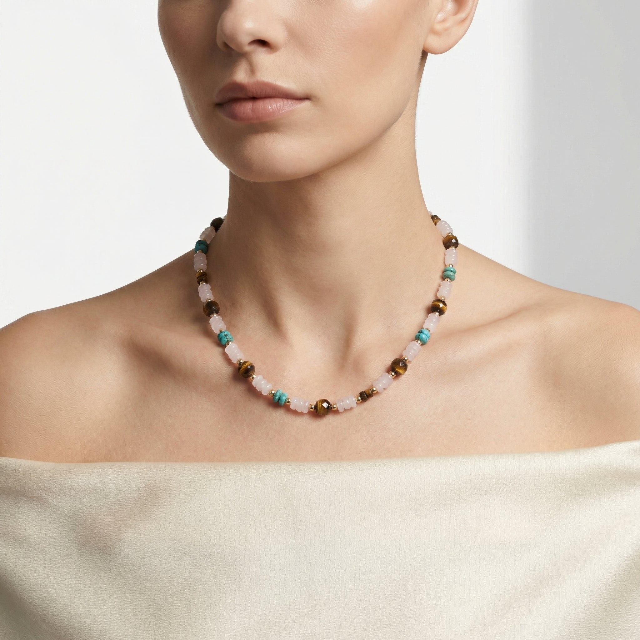 Laboratory Certified Tiger’s Eye, Rose Quartz & Turquoise 925 Sterling Silver Necklace