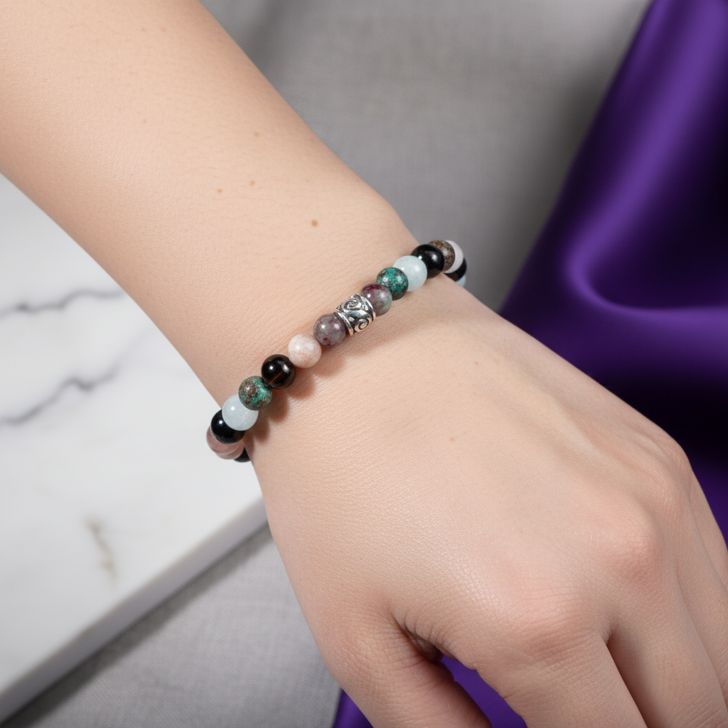 Laboratory Certified Libra Zodiac Natural Stone Bracelet – Aquamarine, Smoky Quartz, Sunstone, Chrysocolla, Obsidian & Black Tourmaline