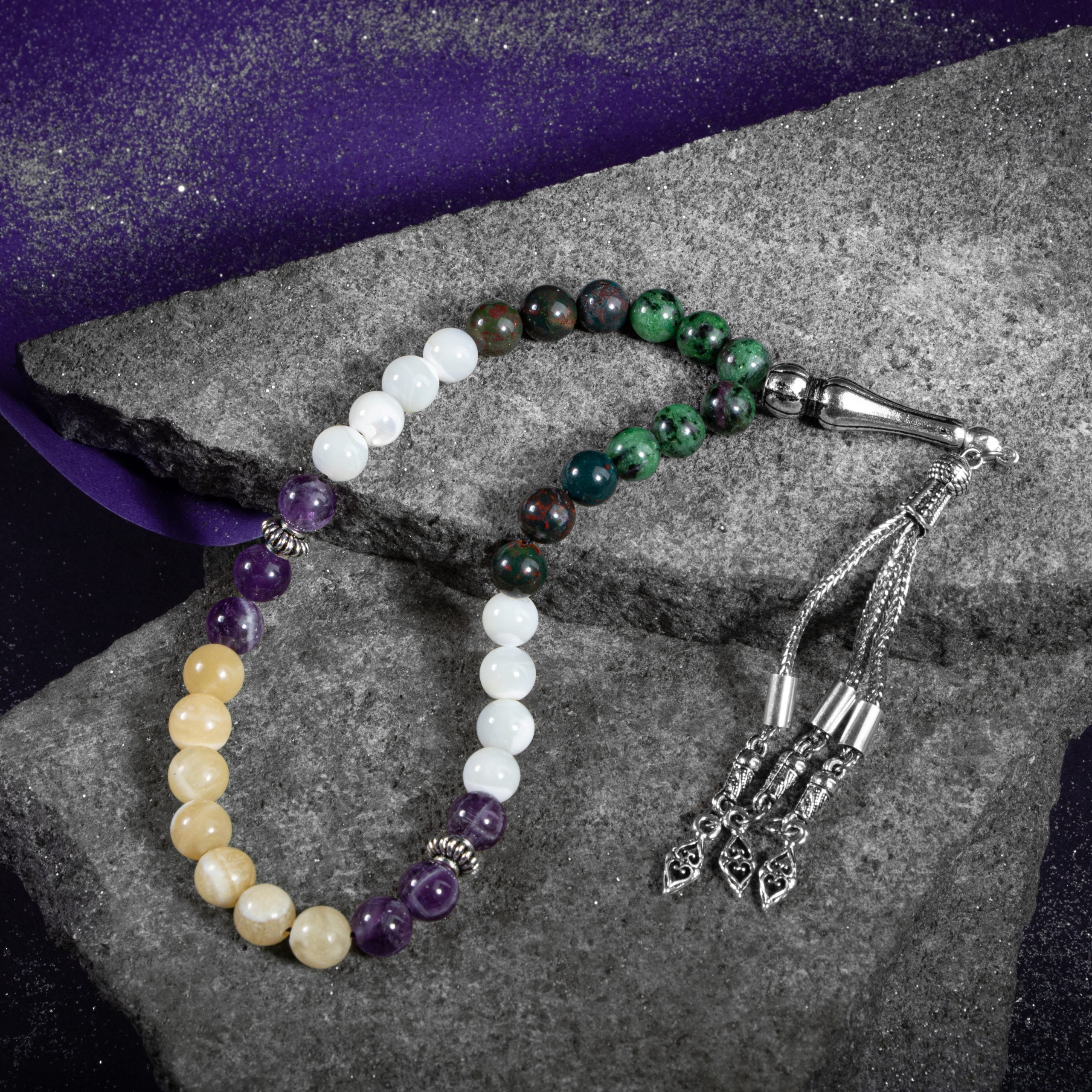Cancer Zodiac Prayer Beads – Amethyst, Anyolite, Aragonite, Bloodstone & Mother of Pearl Natural Gemstone