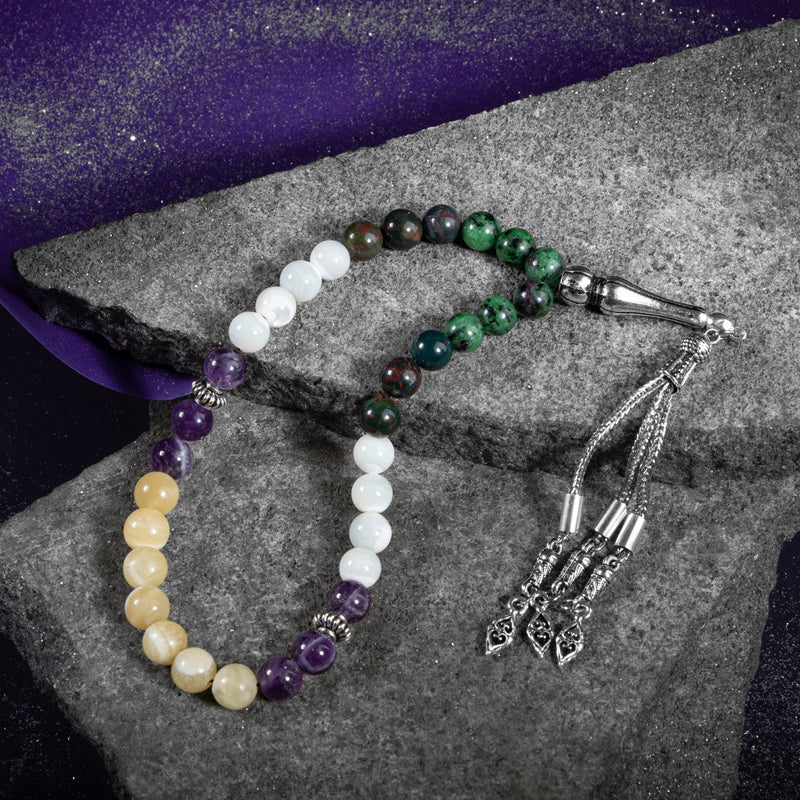 Laboratory Certified Cancer Zodiac Prayer Beads – Amethyst, Anyolite, Aragonite, Bloodstone & Mother of Pearl Natural Gemstone