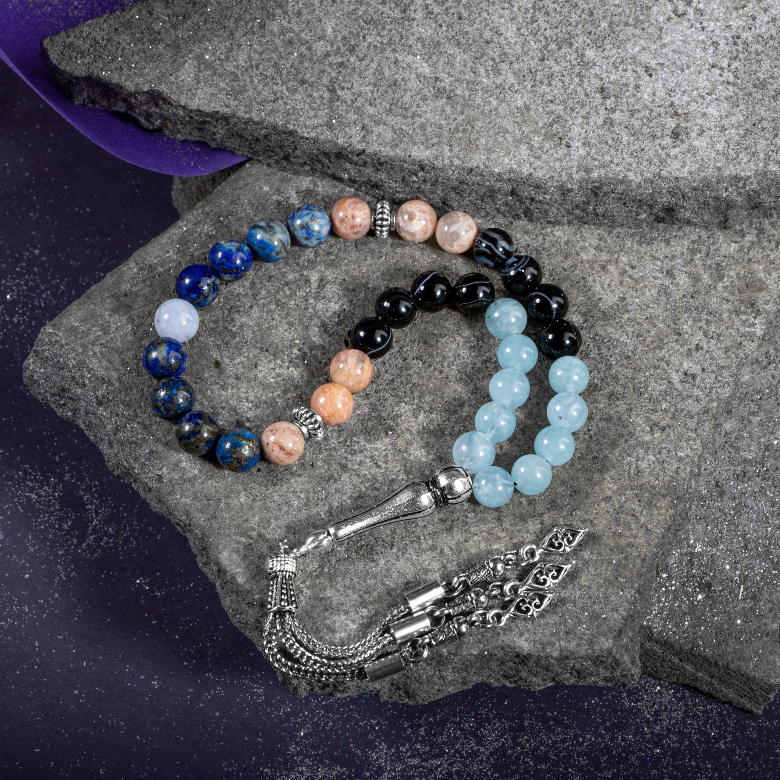 Libra Zodiac Prayer Beads – Aquamarine, Sunstone, Chalcedony, Lapis Lazuli & Black Eye Agate Natural Gemstone