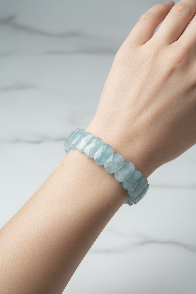 Aquamarine Wide Cut Natural Gemstone Bracelet