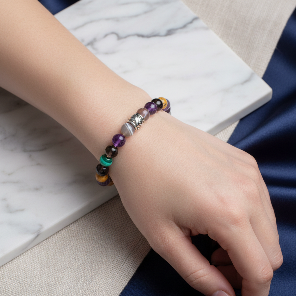 Laboratory Certified Capricorn Zodiac Natural Stone Bracelet – Smoky Quartz, Tiger’s Eye, Red Agate, Rose Quartz & Selenite